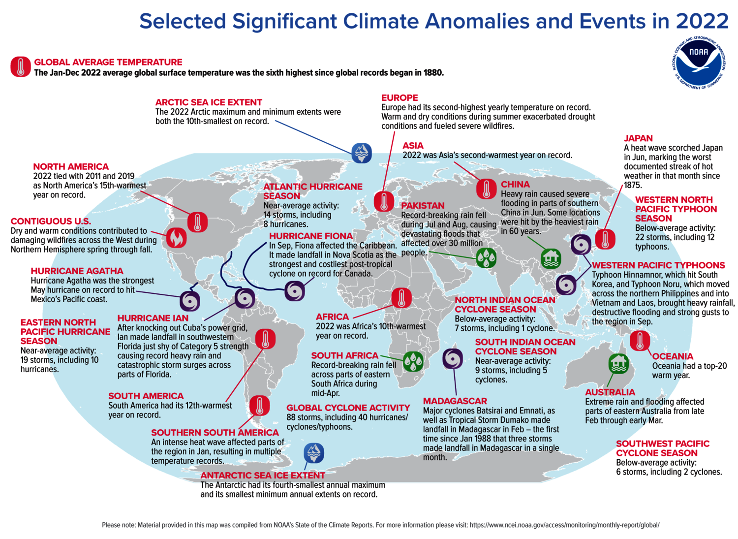 Abbildung einer Weltkarte mit den signifikantesten Klimaereignissen. 