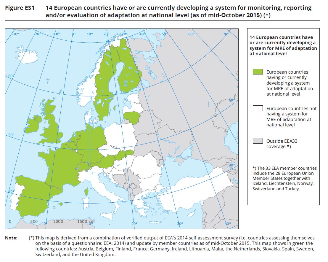 Karte mit europäischen Ländern mit nationalem Monitoring und Evaluierung zur Klimawandelanpassung