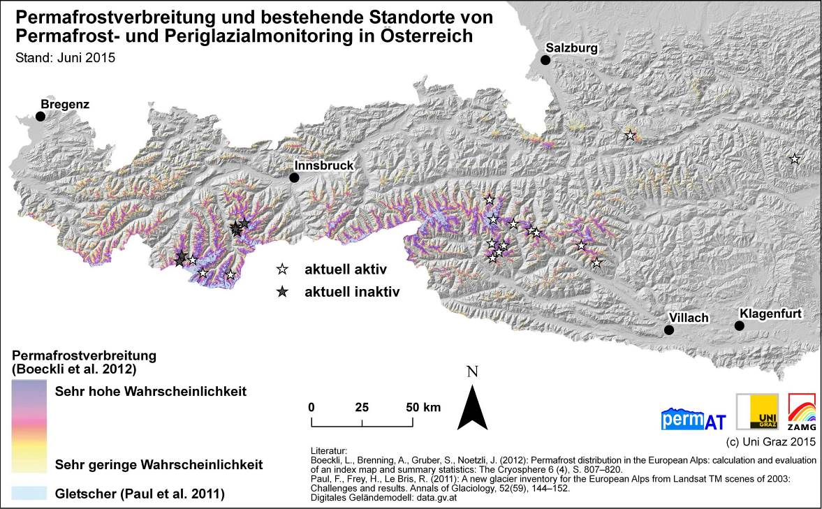 Österreich-Karte über die Verbreitung von Permafrost in Österreich (nach Boeckli et al. 2012) und Lage der aktuellen Standorte von Permafrost- und Periglazialmonitoring in Österreich. 