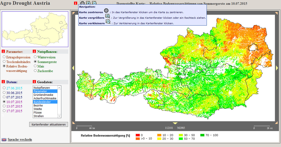Testversion der Webapplikation des nutzpflanzenspezifischen ADA-Trockenheitsmonitoringsystems 