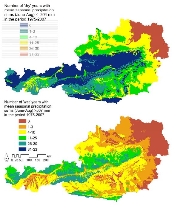 Kartenvergleich zur Verteilung der Anzahl der "trockenen" und "feuchten" Jahre in den Regionen Österreichs zwischen 1975 und 2007.