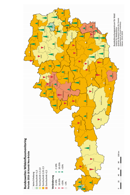 Wildeinfluss 2016-2018. Die Karte zeigt das mittlere Wildeinflussniveau der einzelnen Bezirke in vier Stufen und ergibt sich aus der durchschnittlichen Bewertung der Wildeinflussmonitoring-Probepunkte in einem Bezirk. Rote Pfeile bedeutet eine Zunahme, grüne Pfeile zeigen eine Verbesserung an.