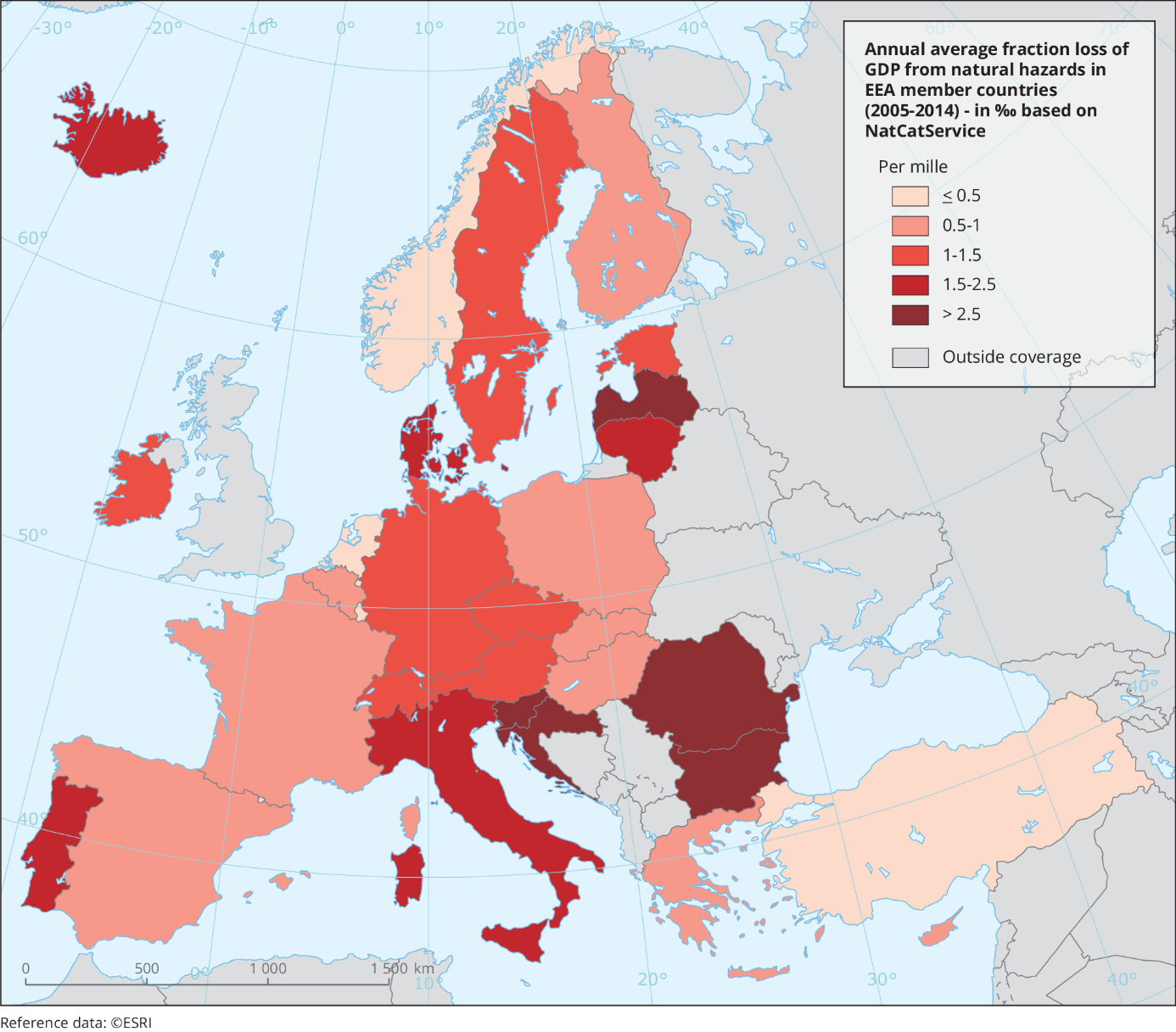 Karte die den jährlichen durchschnittlichen Anteil der Verluste durch Naturgefahren in den EEA Mitgliedsländern (2005 – 2014) in Promille zeigt