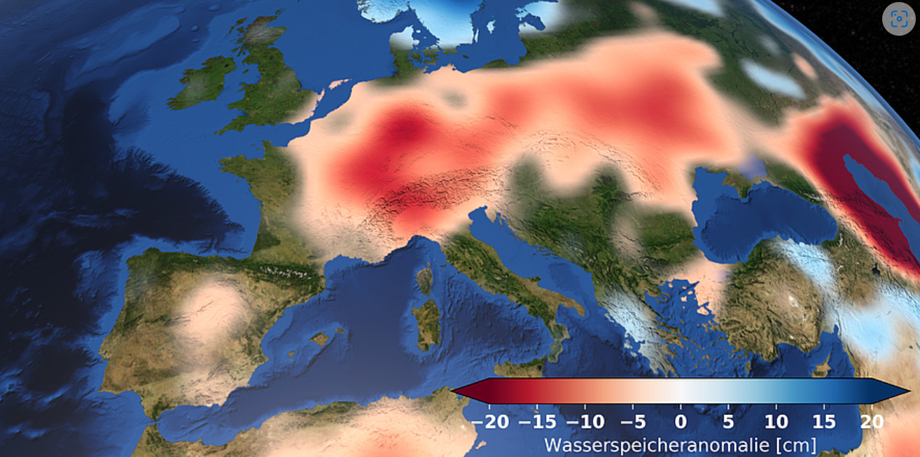 Blick aus dem Weltall auf Europa: Die Wasserspeicheranomalien des Grundwassersstandes in Zentraleuropasind farblich dargestellt.