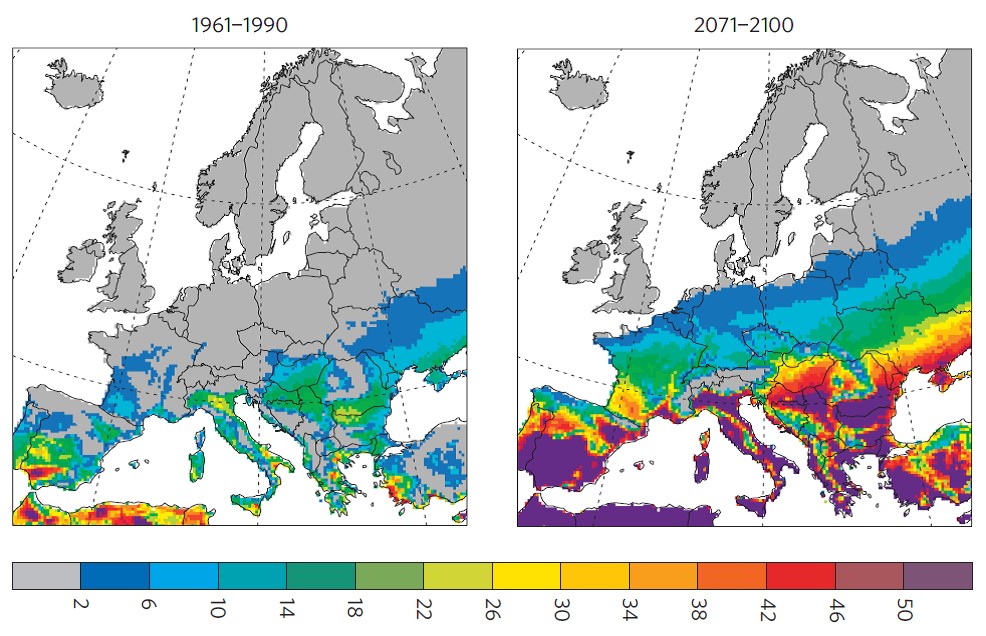 Veränderung des Hitzestresses in Europa. Mittelwert (Tage) regionaler Klimamodelle 1961-1990 vs. 2071-2100 (Fischer und Schär, 2010). Quelle: ZAMG