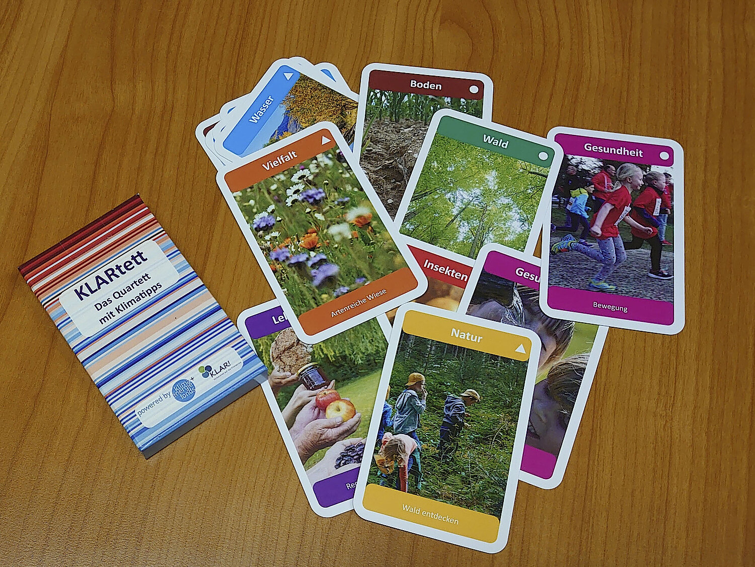 KLARtett – Das Quartett mit Klimatipps: Einige Spielkarten sind offen aufgelegt zu sehen..