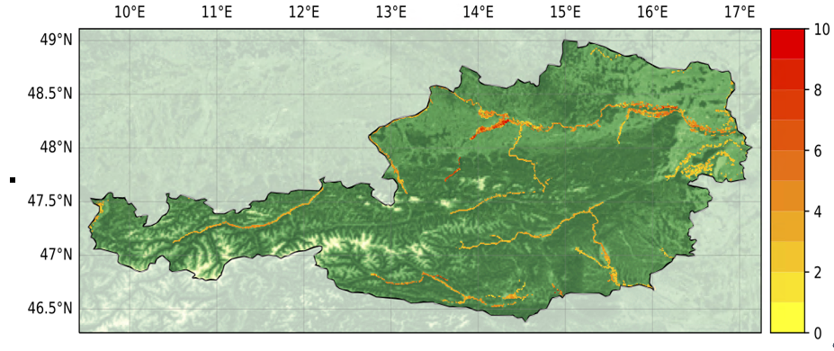 Eine Hotspot-Karte des sozialen Hochwasser-Risikos, basierend auf Überlagerung des Vulnerabilitätsindex mit dem Überflutungsbereich eines 250-jährlichen Hochwassers Die Abbildung zeigt eine Hotspot-Karte des sozialen Hochwasser-Risikos, basierend auf Überlagerung des Vulnerabilitätsindex mit dem Überflutungsbereich eines 250-jährlichen Hochwassers
