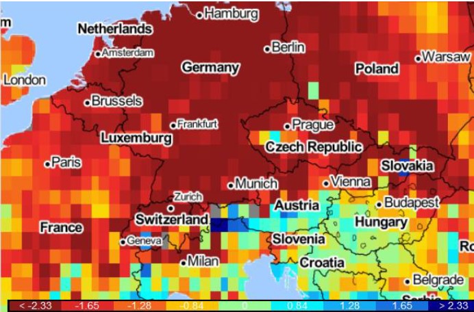 Europakarte des SPEI-6 (Februar – Oktober) des Jahres 2018; Daten- und Bildquelle: CSIC (2018), Map tiles by Stamen Design, CC BY 3.0 – Map data