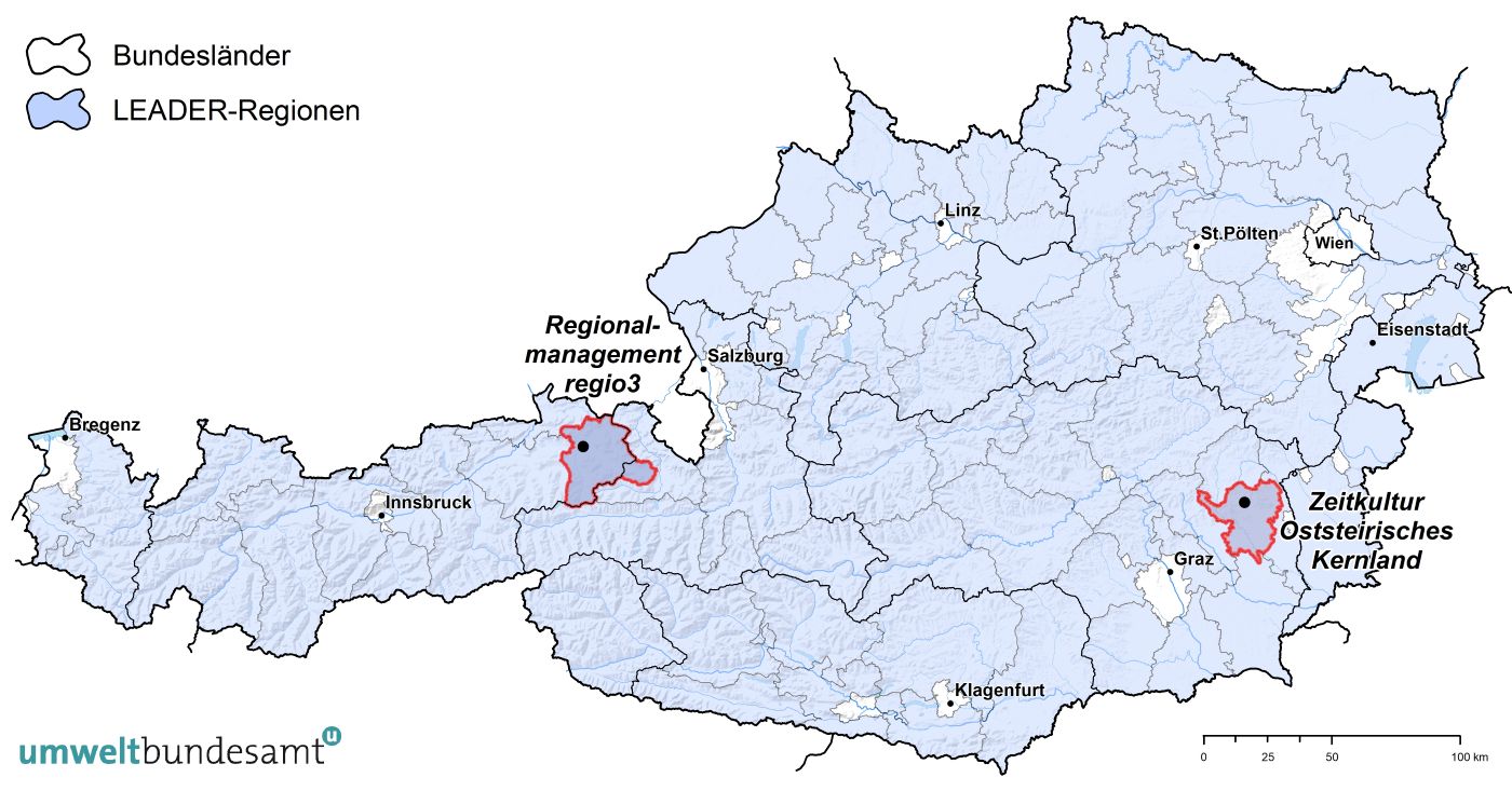 Lage der beiden LEADER-Regionen, für die gemeinsam mit Stakeholdern transformative Klimamaßnahmen erarbeitet wurden Lage der beiden LEADER-Regionen, für die gemeinsam mit Stakeholdern transformative Klimamaßnahmen erarbeitet wurden
