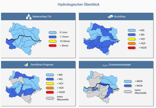 Überblick über die zur Verfügung stehenden Daten in Kartenform: Niederschlag 12h, Durchfluss, Durchfluss Prognose und Grundwasserspiegel