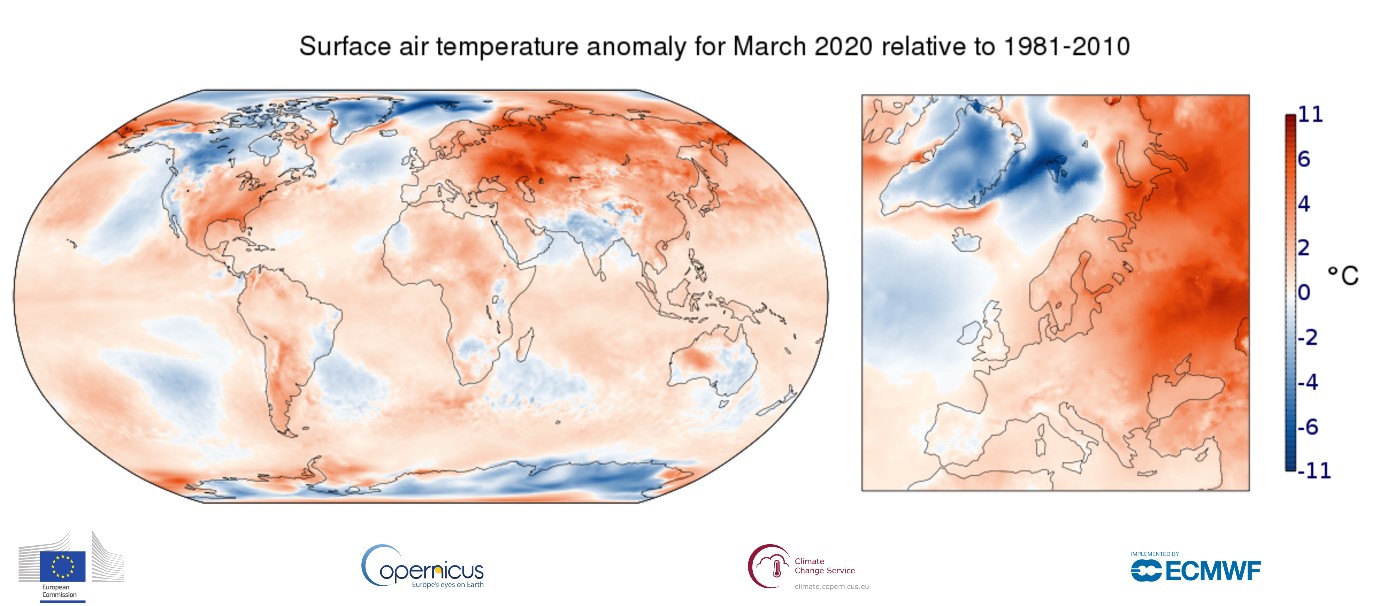 Anomalie der Oberflächentemperatur für März 2020 im Vergleich zur Periode 1981-2010